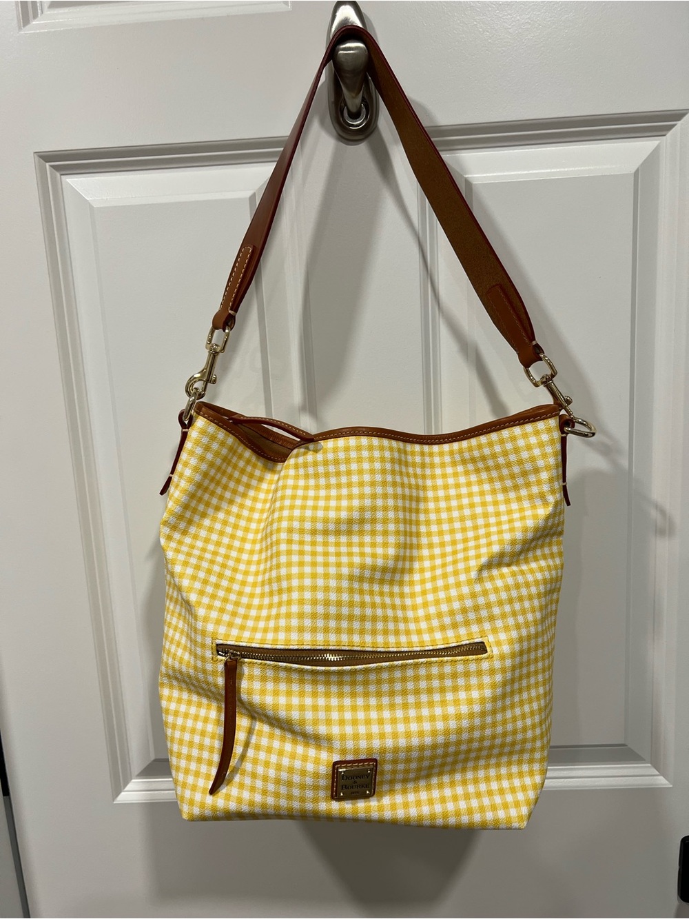 Dooney & Bourke Yellow Gingham Shoulder Bag with Brown Trim